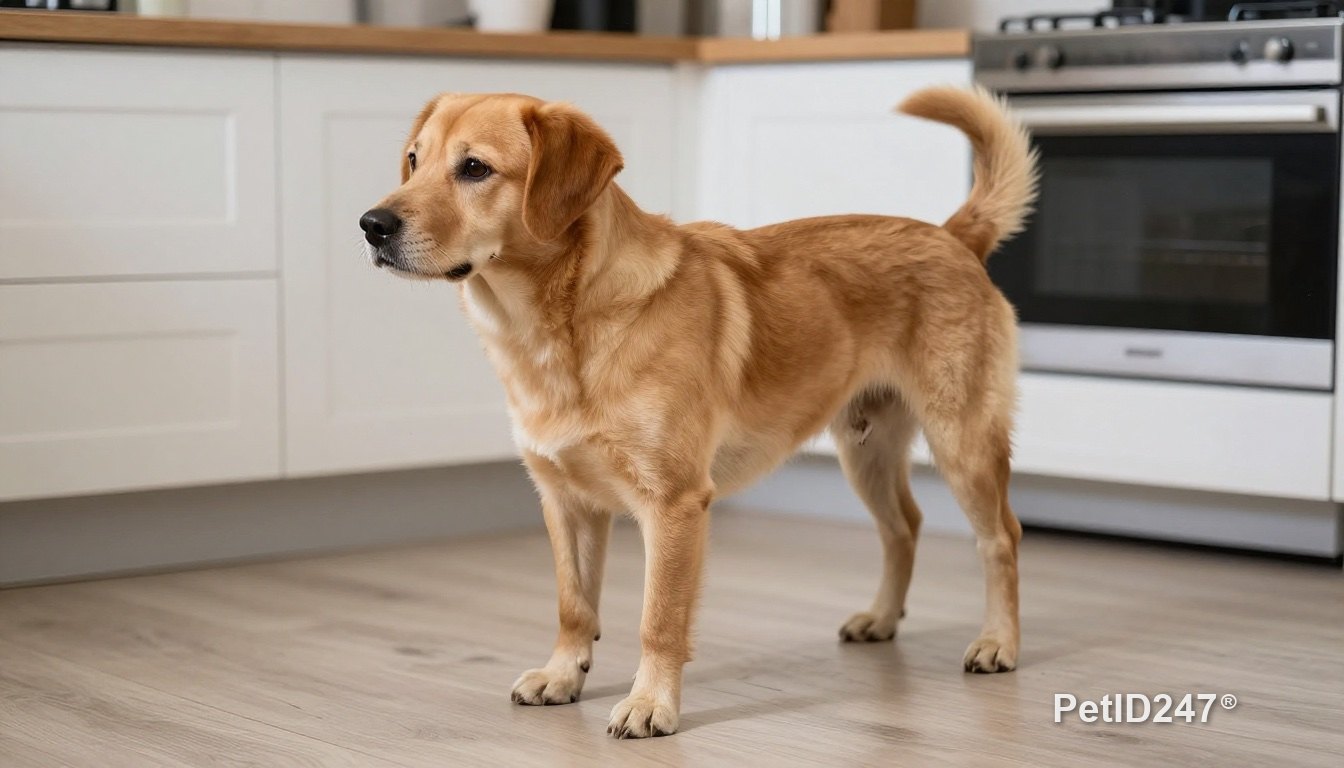 Dog standing in a kitchen