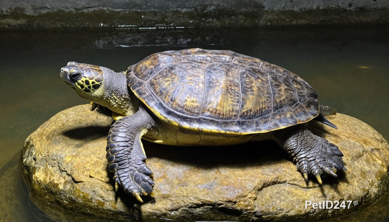Aquatic turtle basking under a warm lamp
