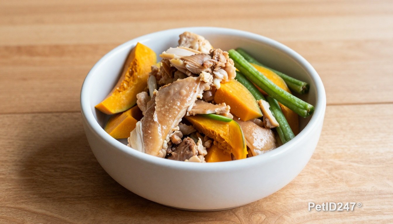 Bowl of home-cooked dog food with chicken, pumpkin and green beans