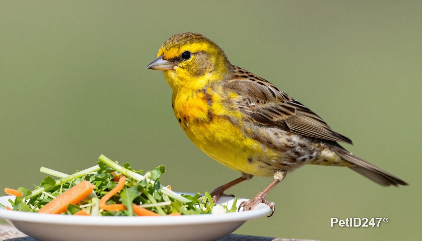 Canary eating greens and carrot