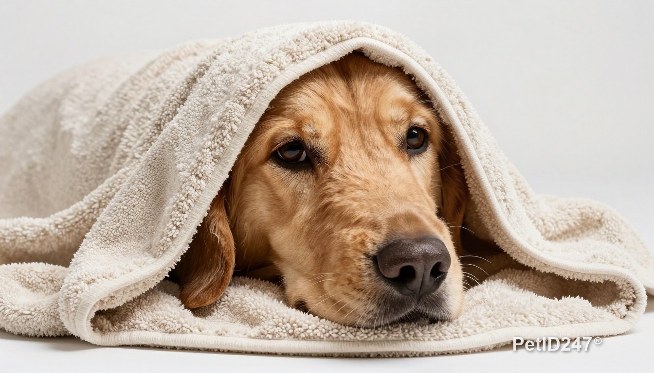 Dog wrapped in a towel after a bath