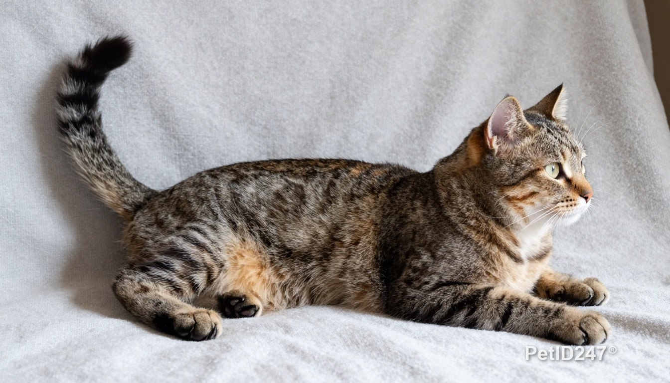 Tabby cat with a twitching tail and sideways ears