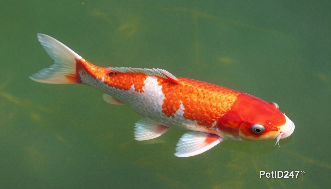 Red and white koi swimming in clear pond water