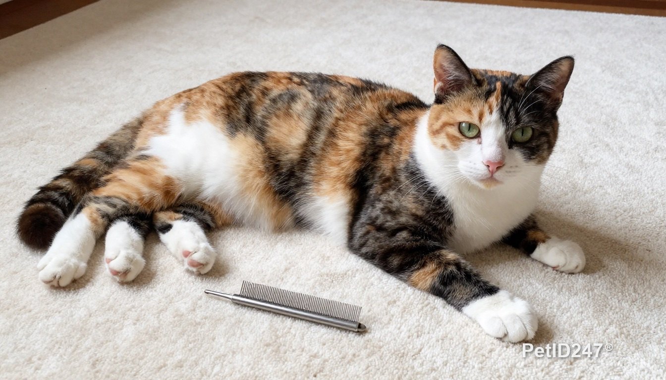 Calico cat lying next to a fine-toothed flea comb