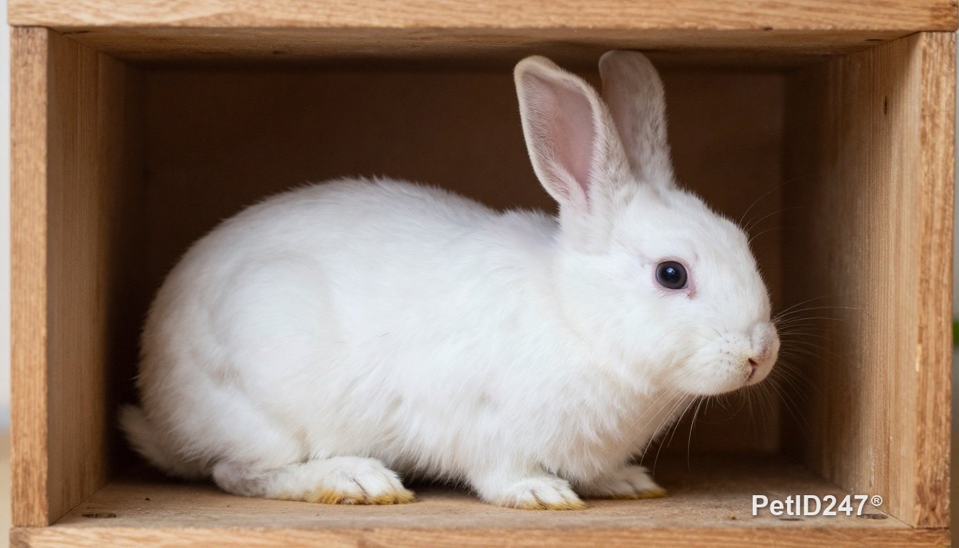 Young rabbit peeking out of a wooden hideaway