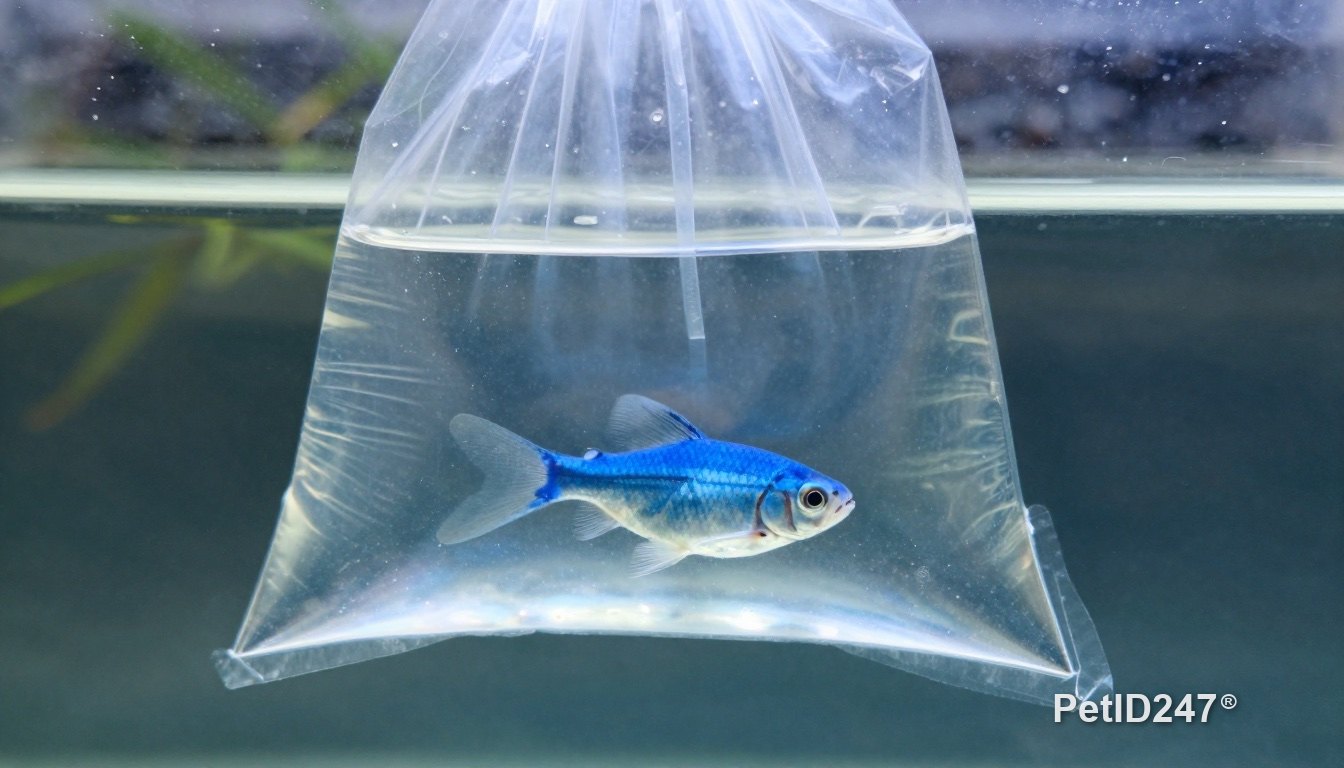Bag with a fish floating on the tank surface to balance temperature