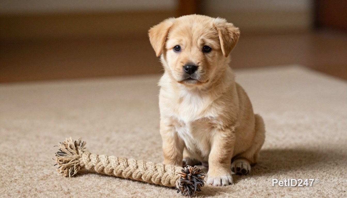 Chó con ngồi cạnh đồ chơi dây thừng