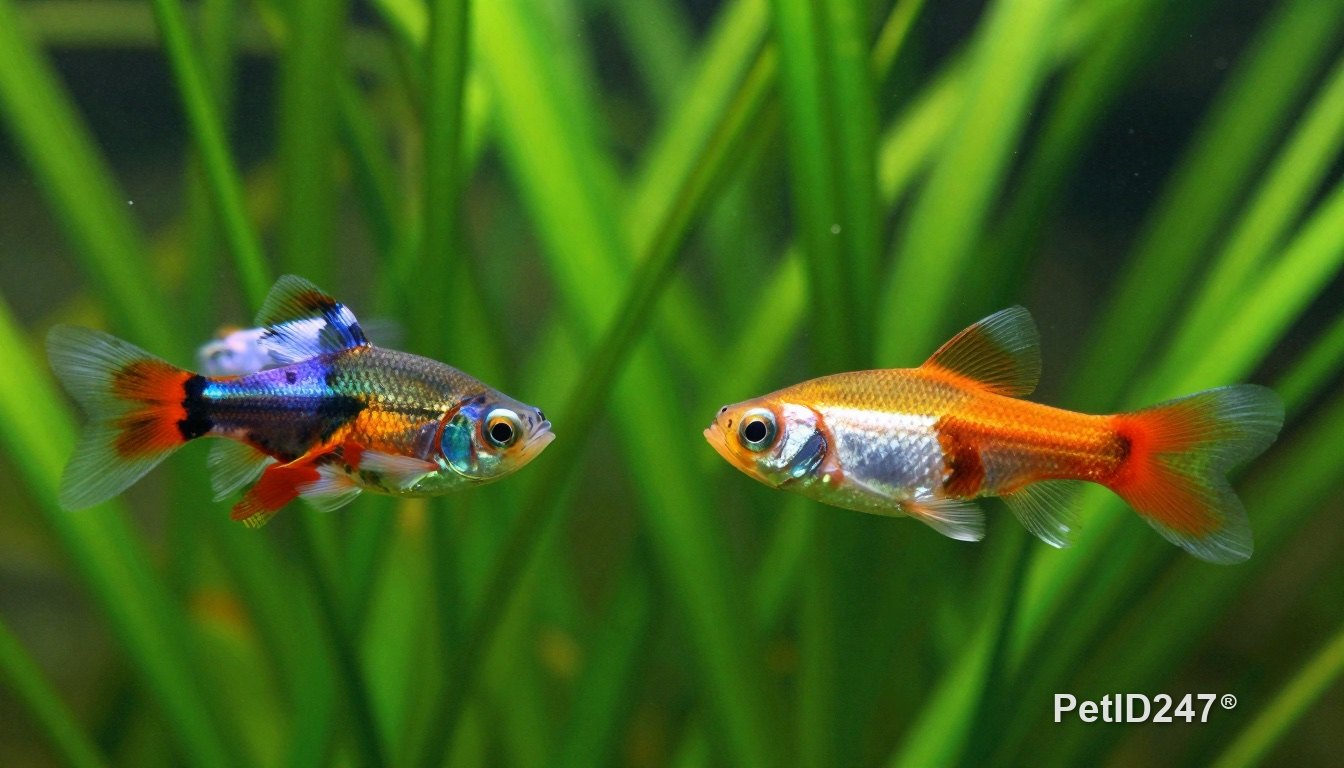 Male and female guppies swimming near aquatic plants
