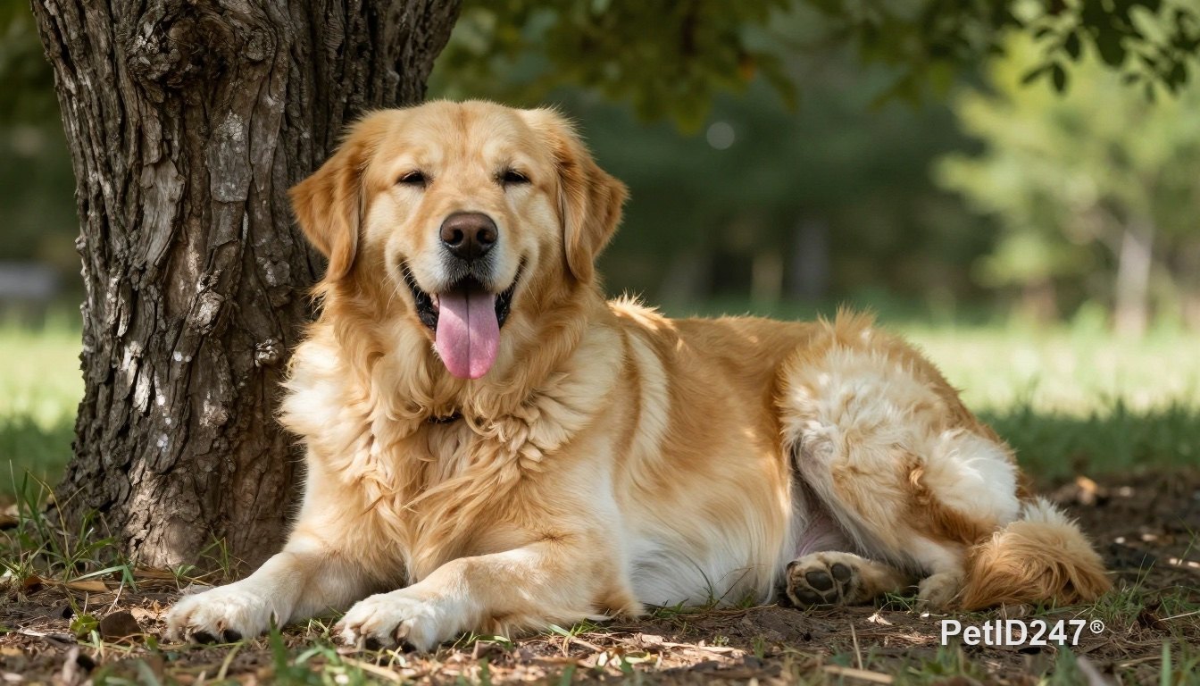 Golden retriever resting in the shade on a hot day