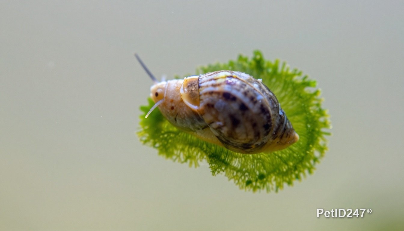 Small snail grazing algae on the aquarium glass