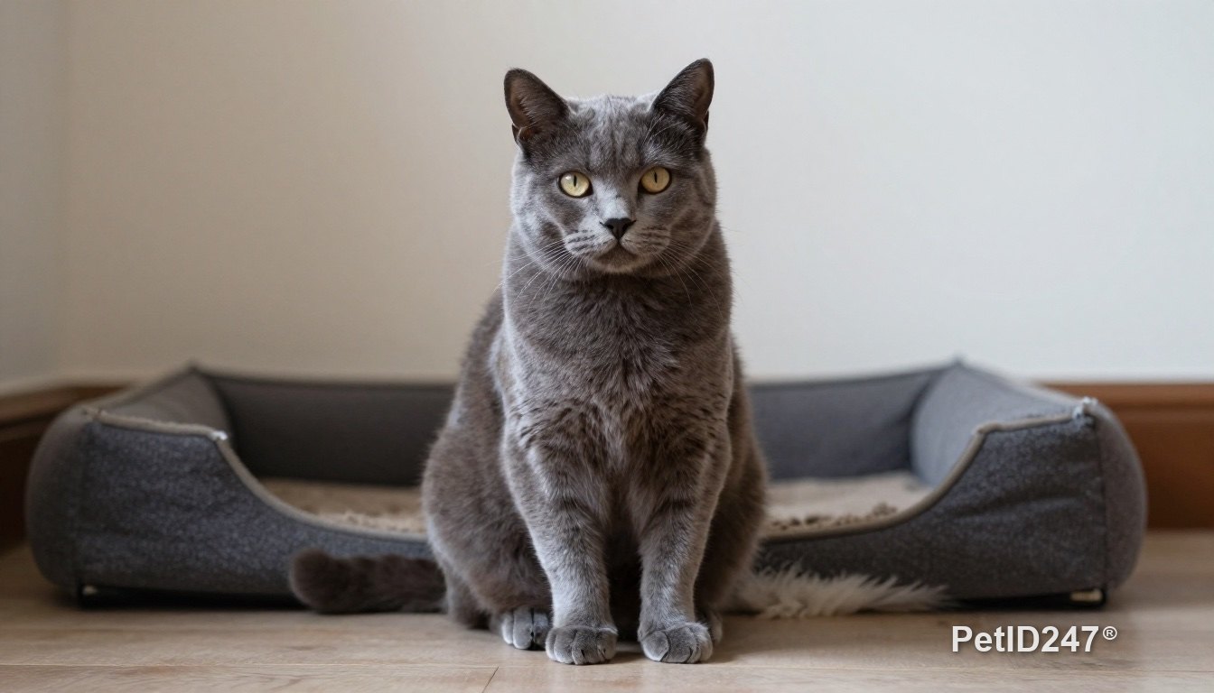 Gray cat sitting cautiously in a new room
