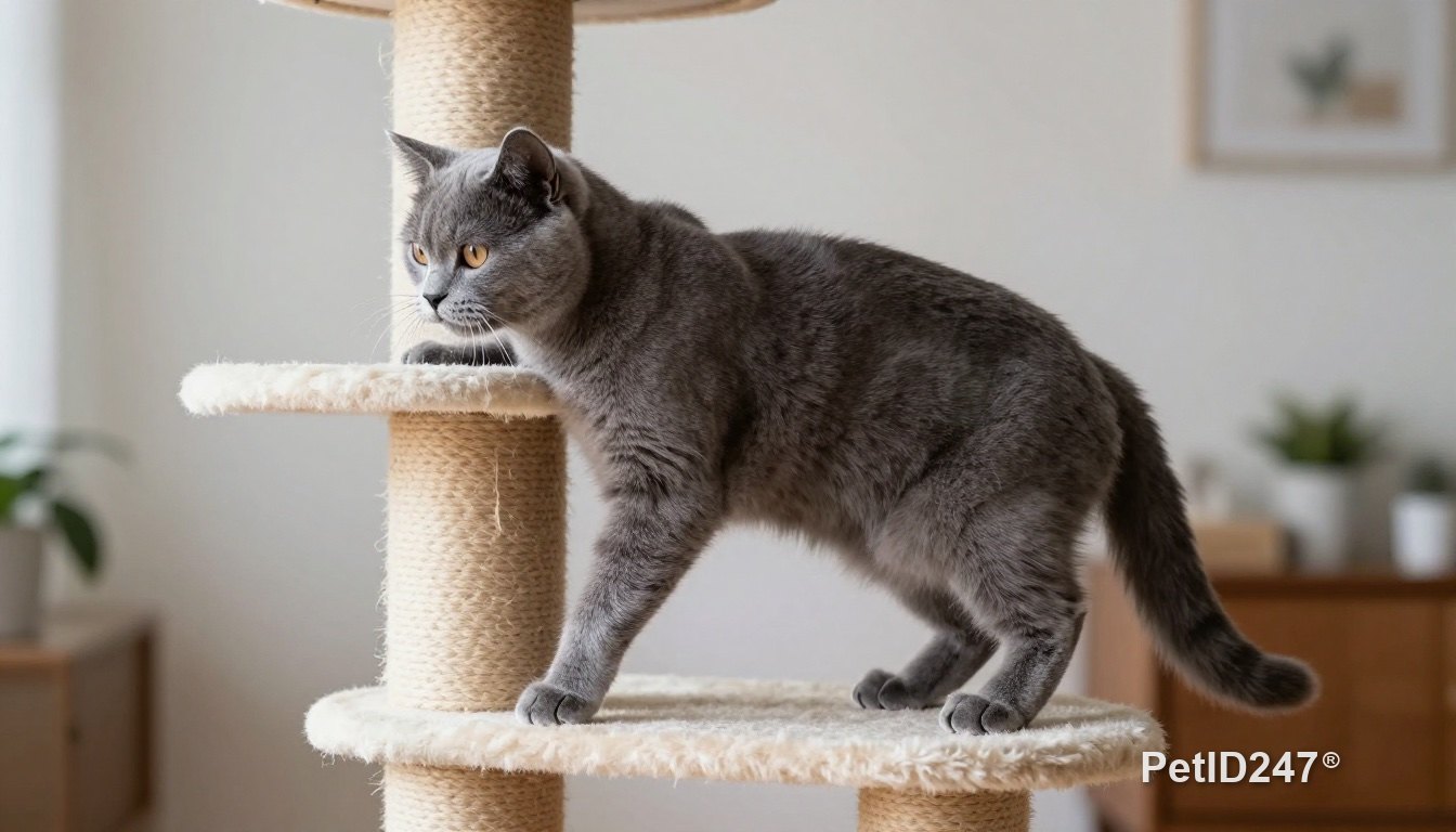 Gray cat climbing a cat tree