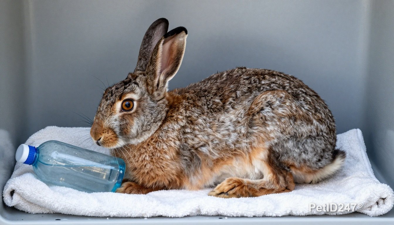 Rabbit resting beside a towel-wrapped frozen bottle