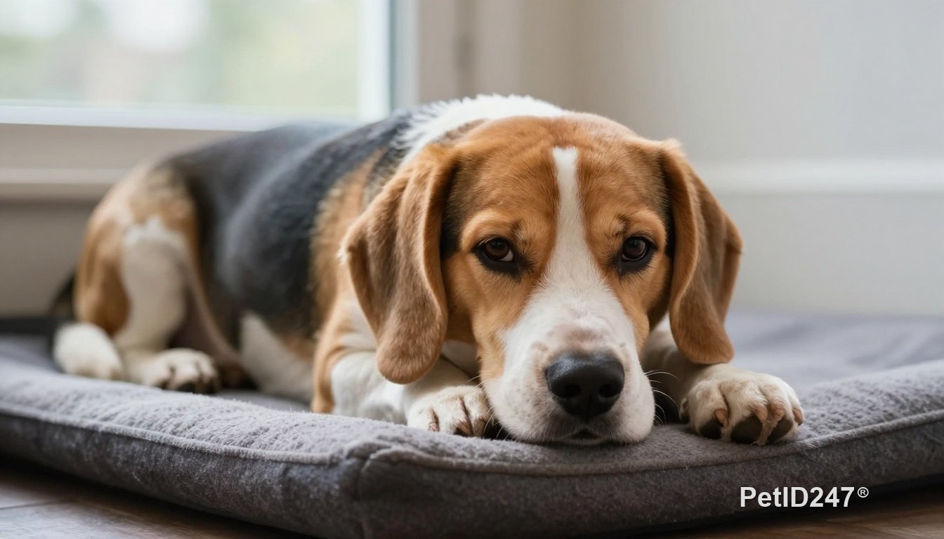 Dog resting quietly on a bed by a window