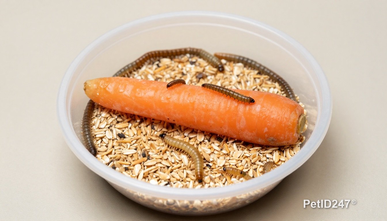 Container of mealworms with a carrot slice