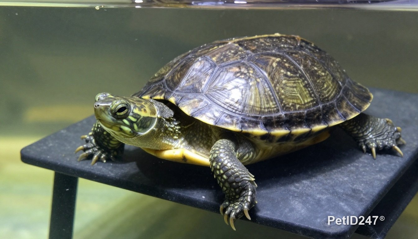 Freshwater turtle swimming in an indoor tank