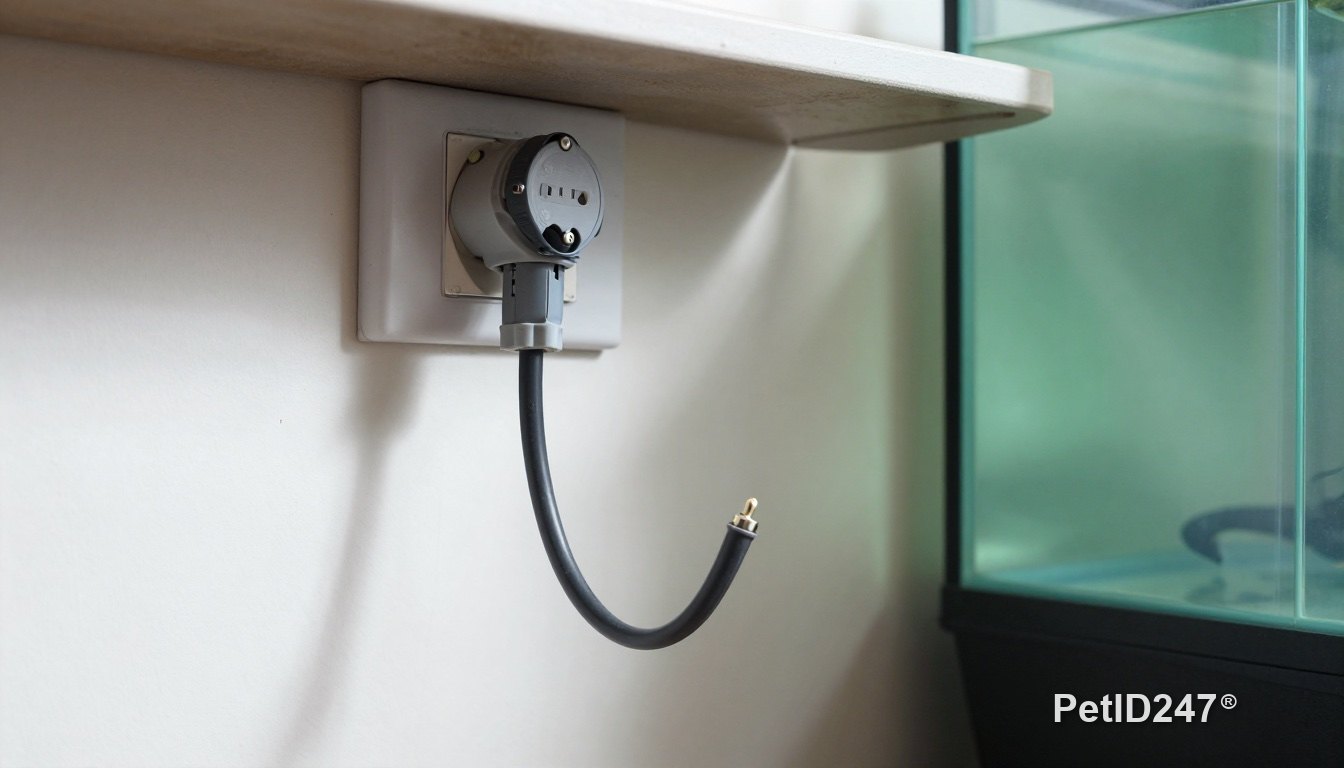 Power cord with a drip loop next to an aquarium cabinet