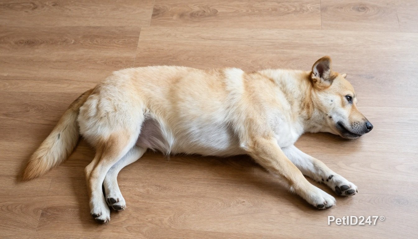 Short-haired dog lying on a wooden floor