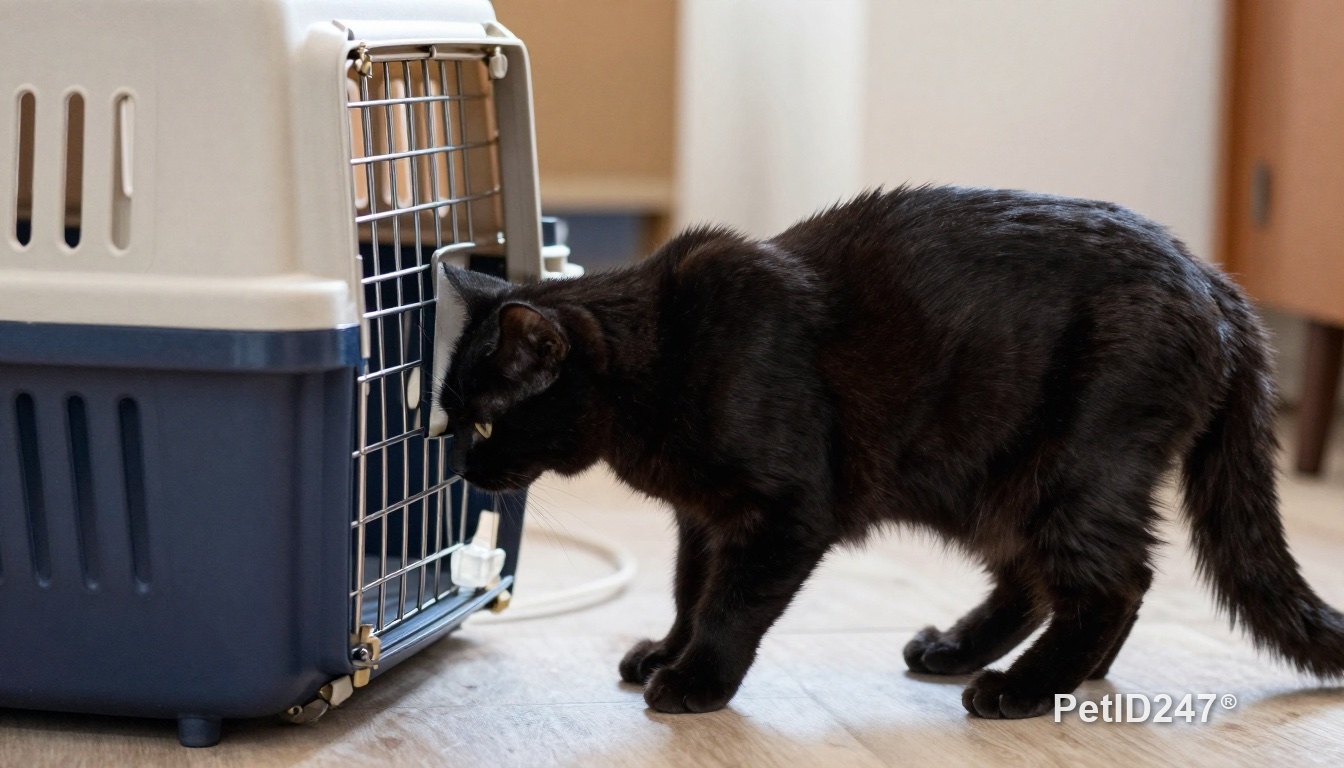 Black cat sniffing the door of a carrier