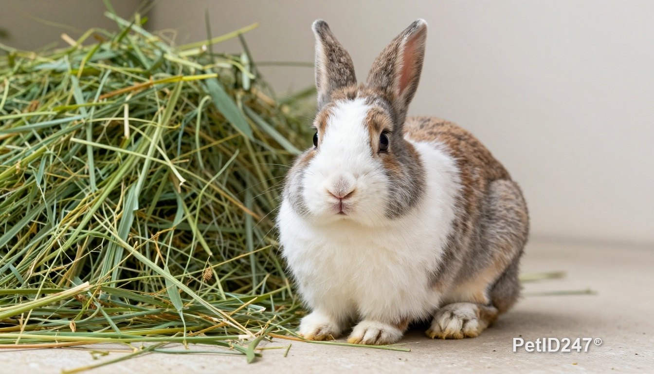 Dwarf rabbit sitting beside fresh hay
