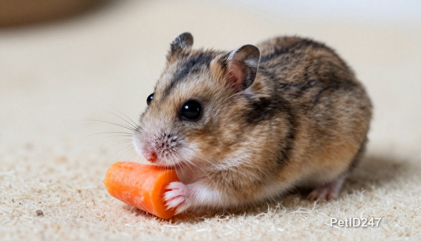 Dwarf hamster nibbling a piece of carrot