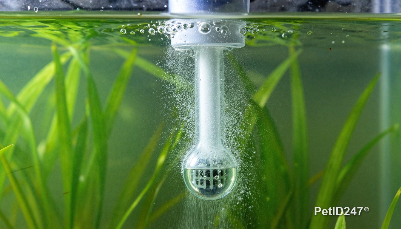 Air stone producing bubbles in a fish tank