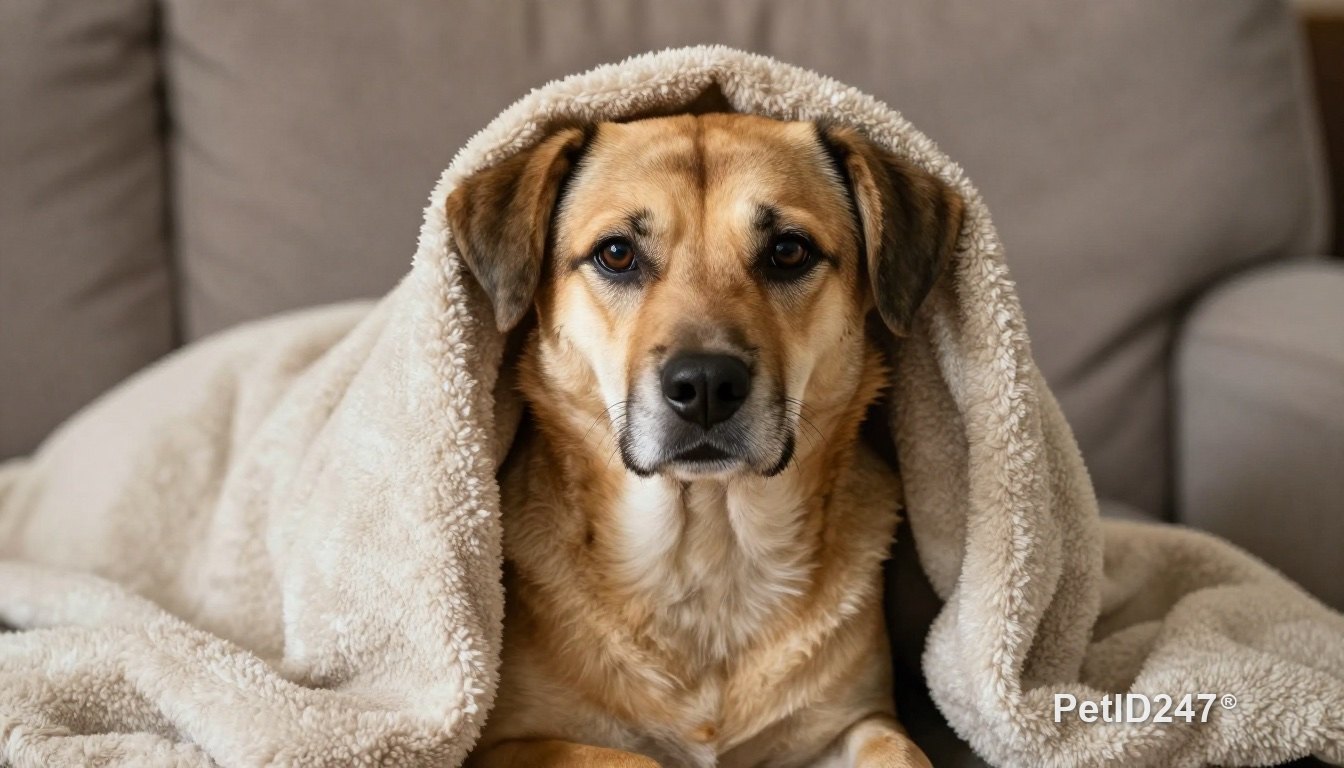 Dog wrapped in a warm blanket on a sofa