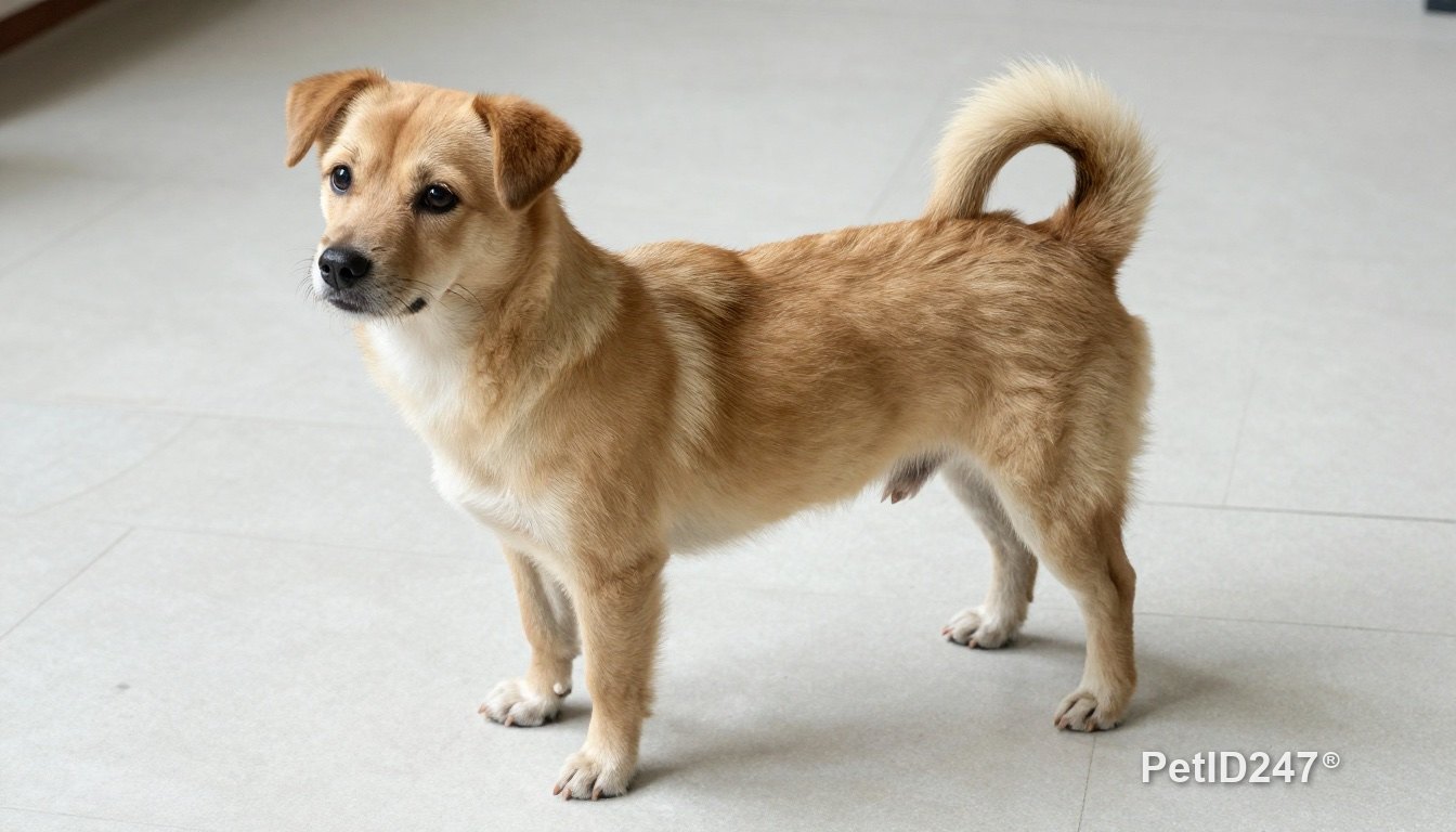 Small dog standing on a tiled floor with neatly trimmed nails