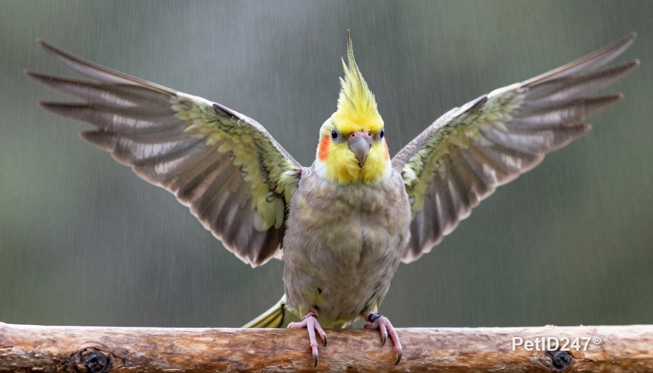 Cockatiel spreading its wings under a fine mist