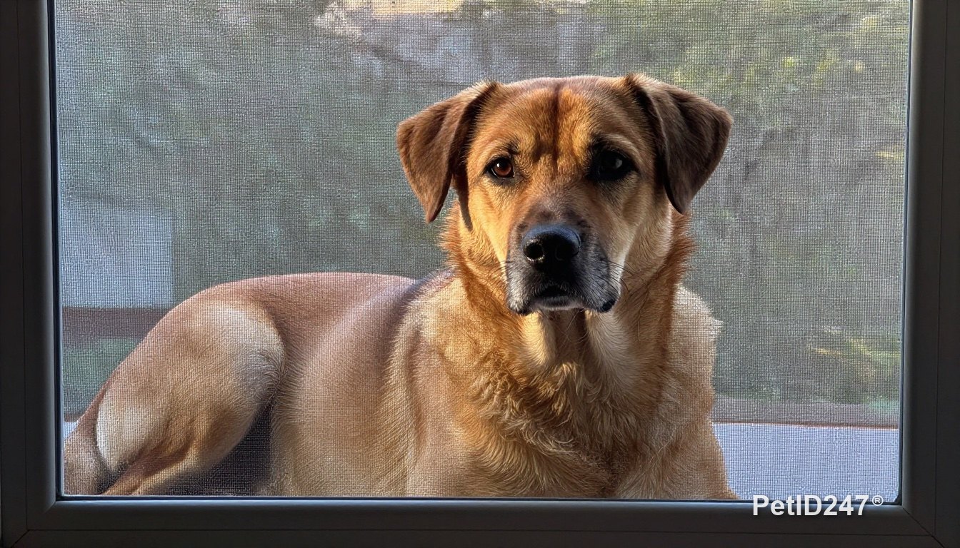 Dog resting indoors behind a mosquito screen