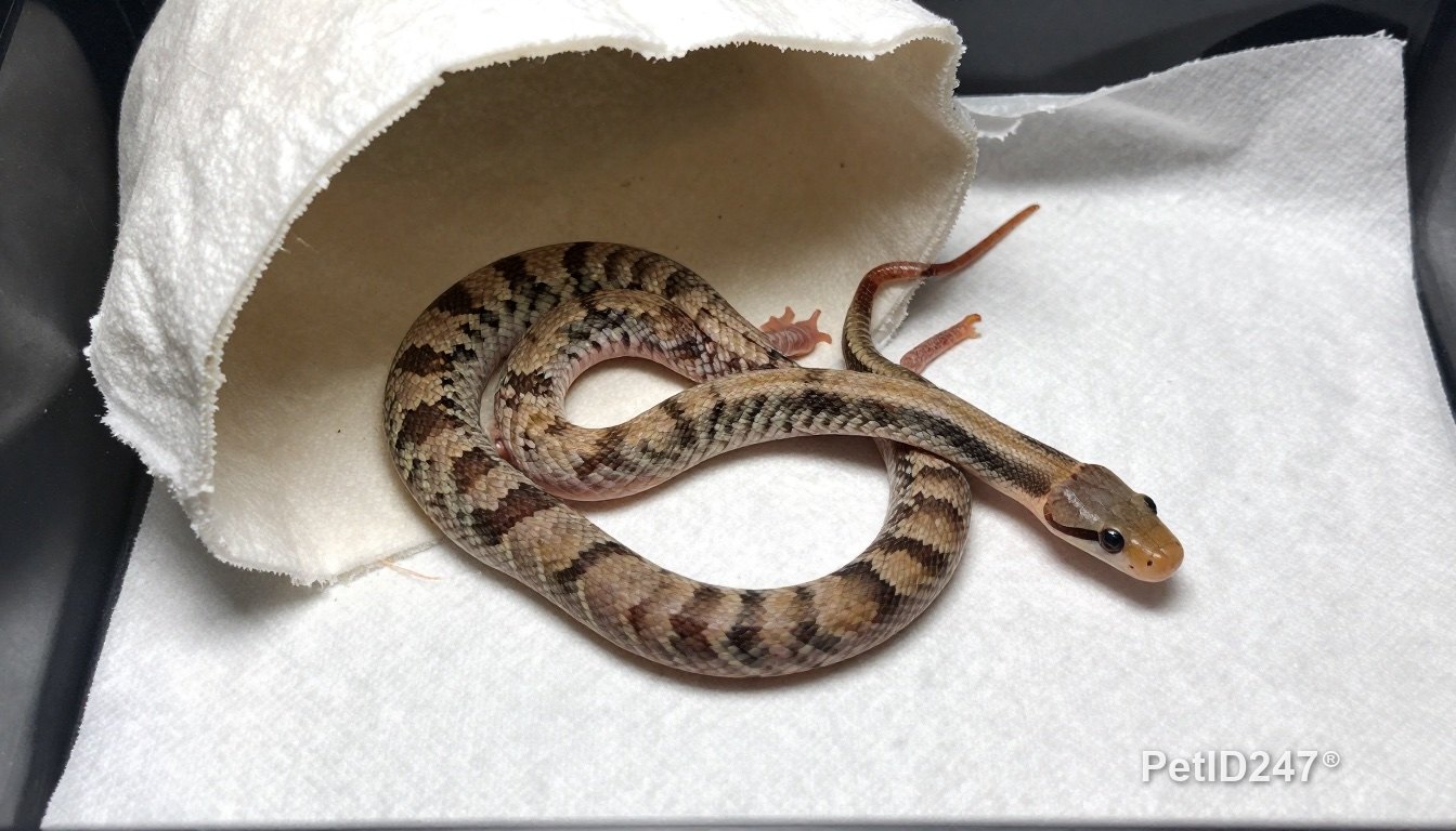 Baby corn snake curled beside a hide