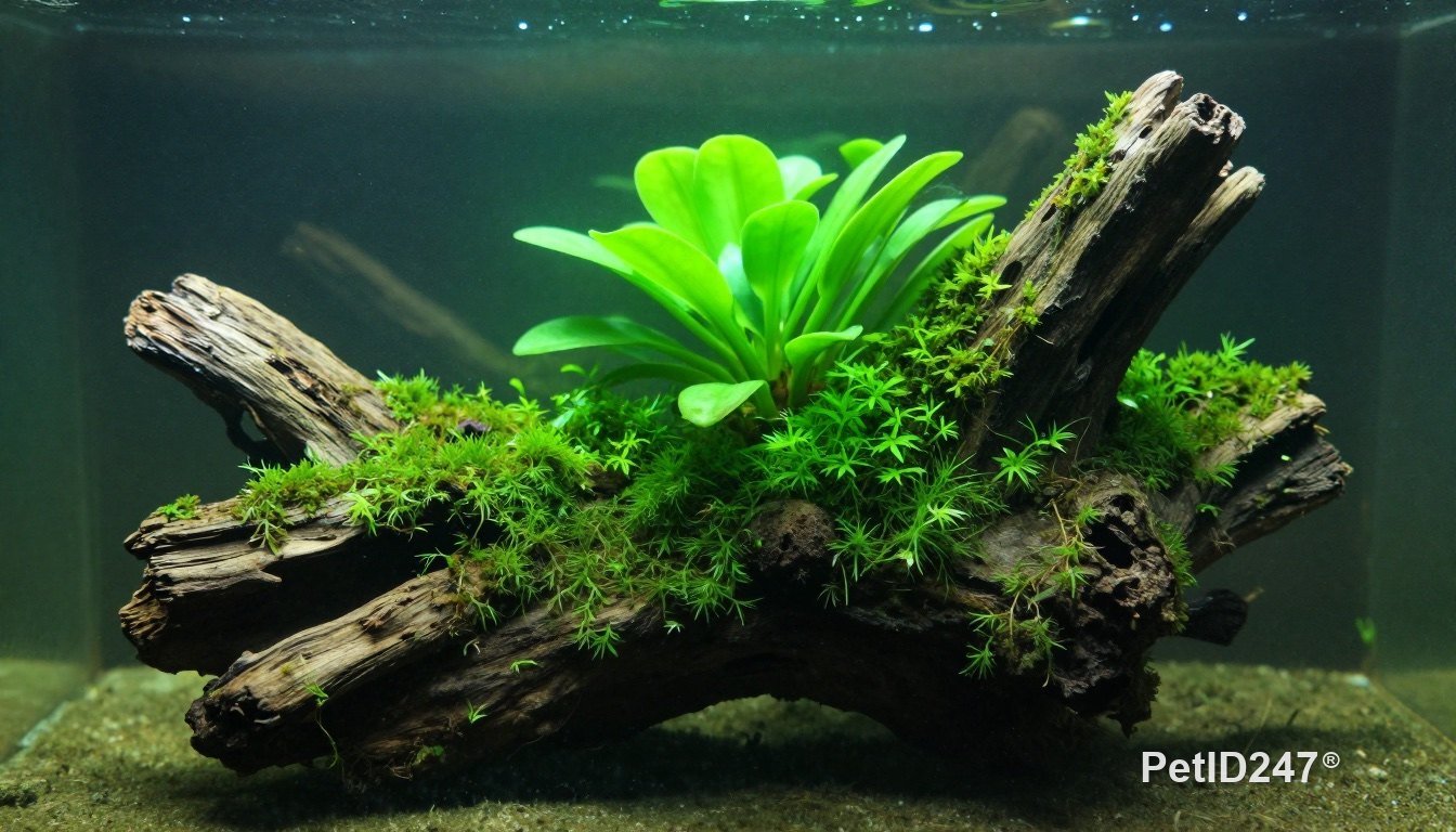 Java moss and anubias attached to driftwood