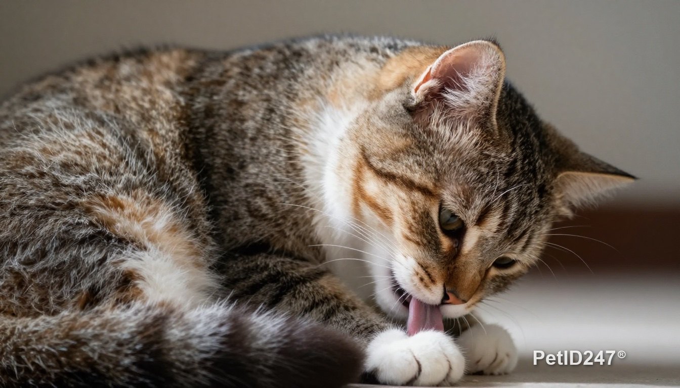 Cat licking and grooming its coat