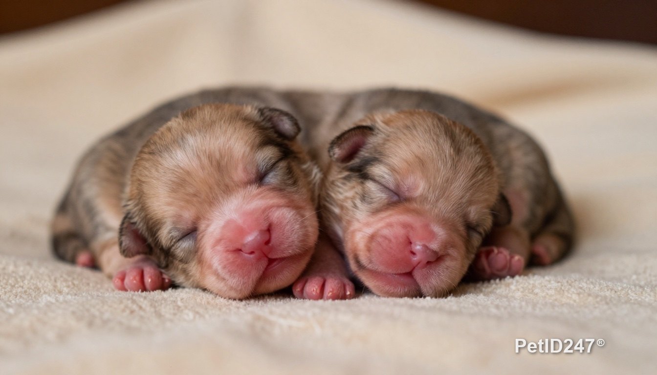 Newborn puppy sleeping on a soft towel