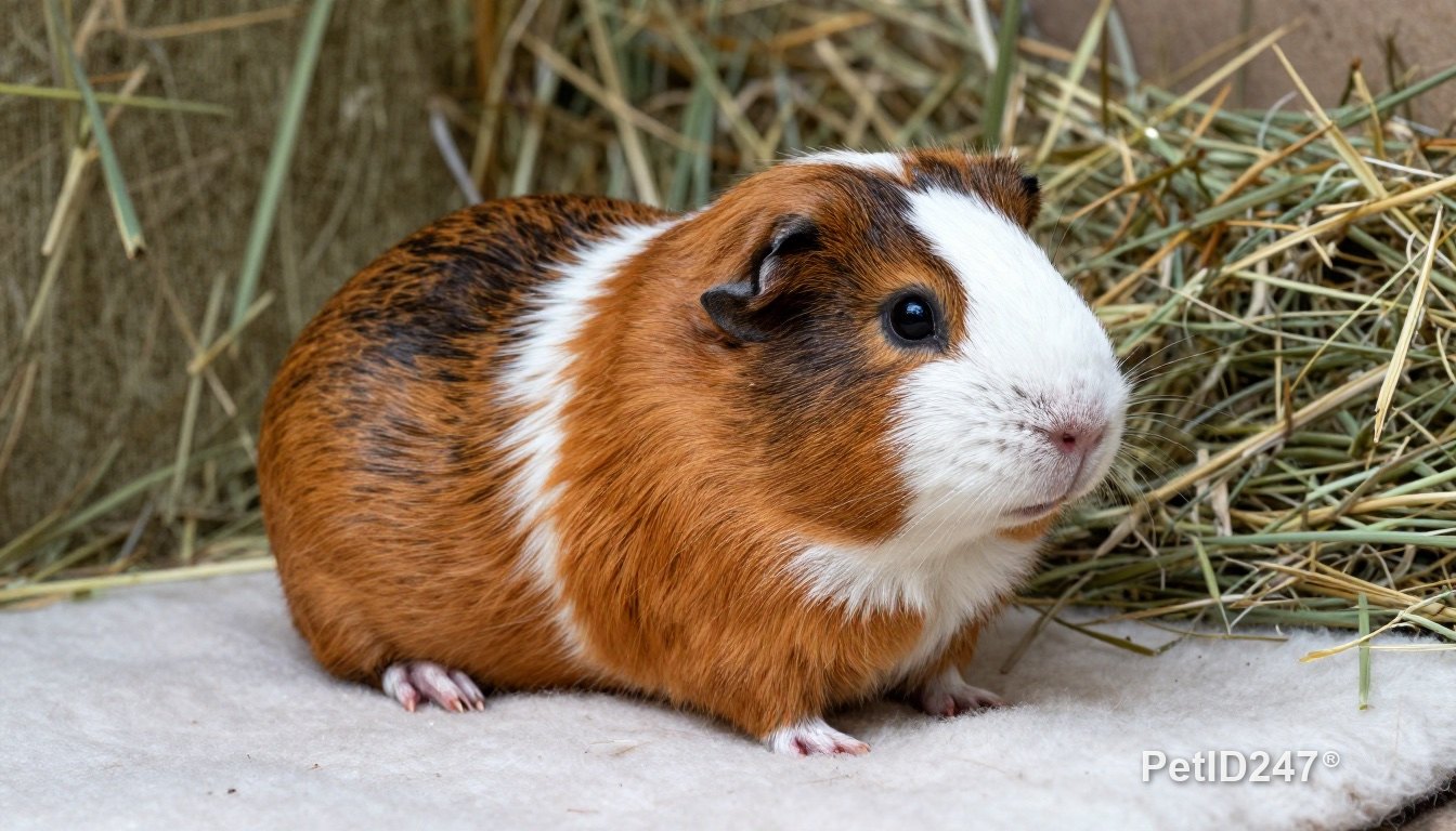 Older guinea pig on a soft mat beside hay