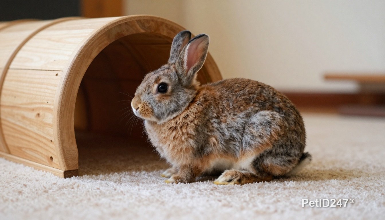 Small rabbit sitting next to a wooden tunnel