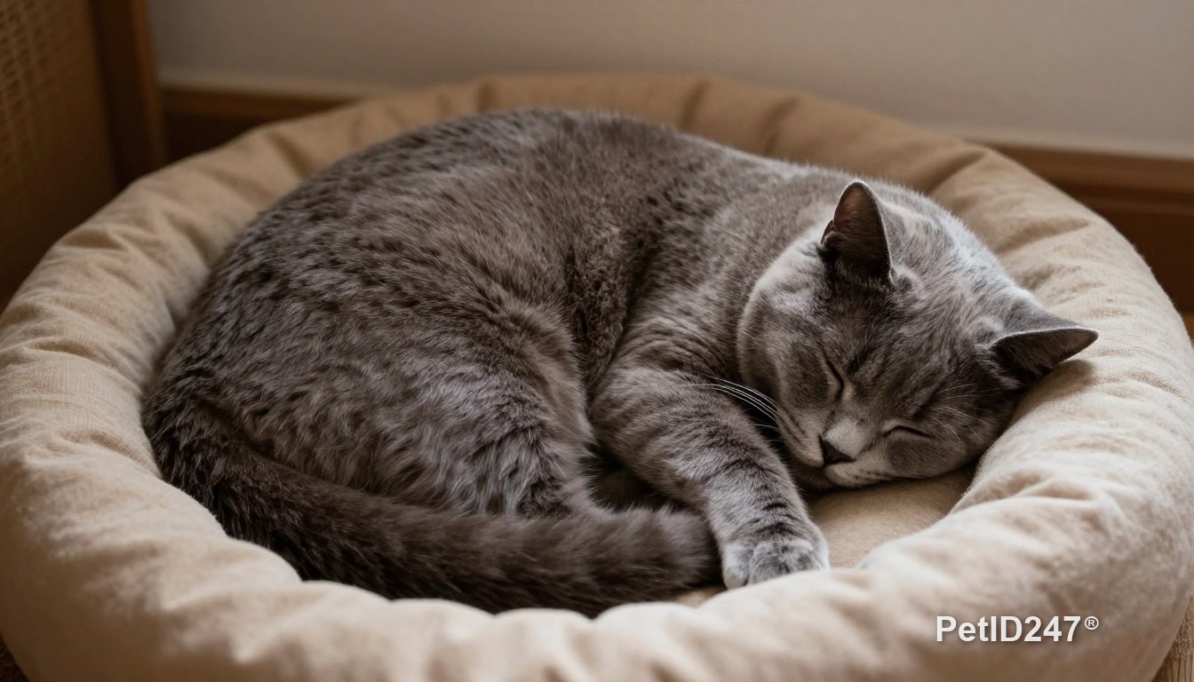 Grey cat curled up asleep in a warm bed