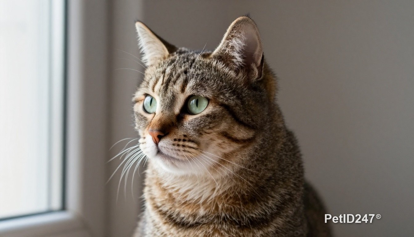 Tabby cat in profile with ears forward