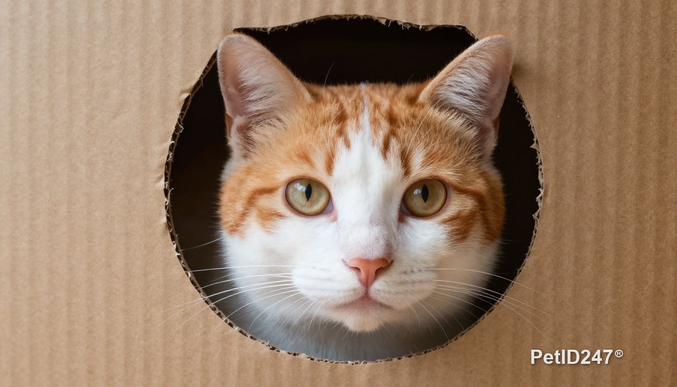 Cat peeking out of a cardboard box