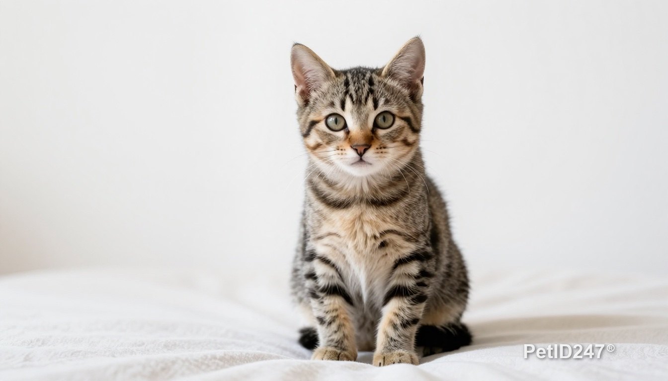 Tabby kitten sitting on a blanket