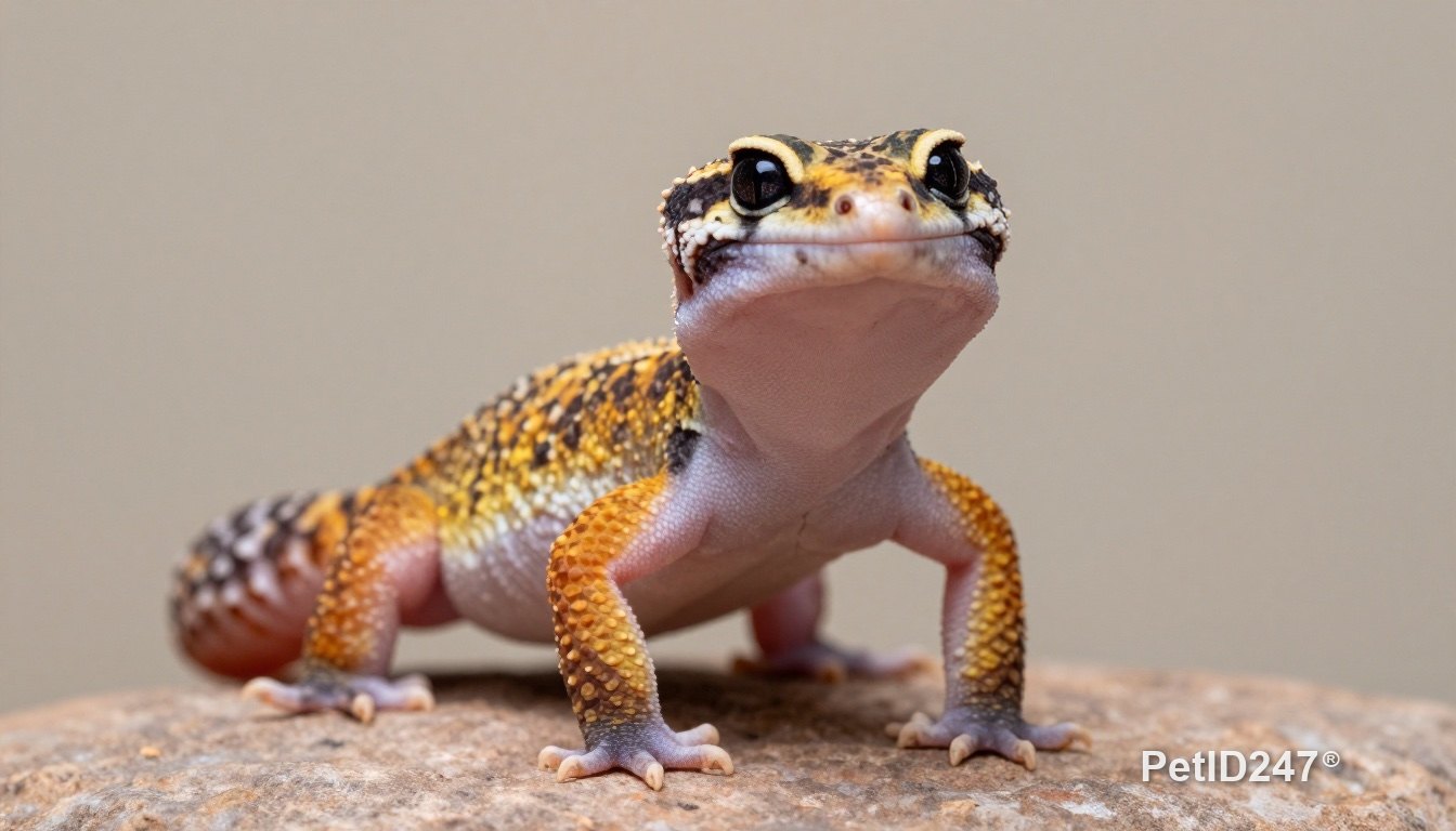 Leopard gecko standing firmly on a flat rock
