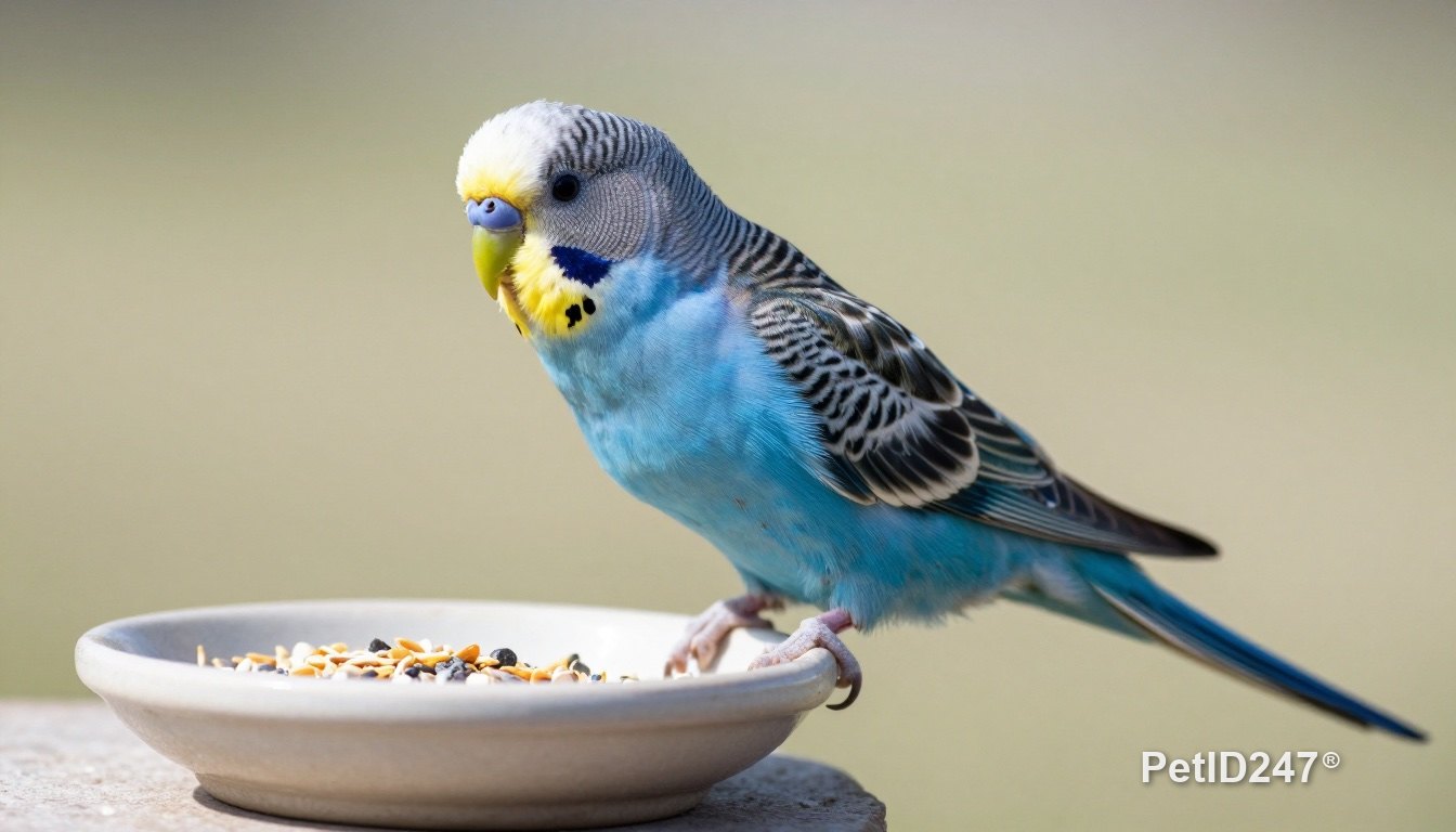 Blue budgie eating seeds