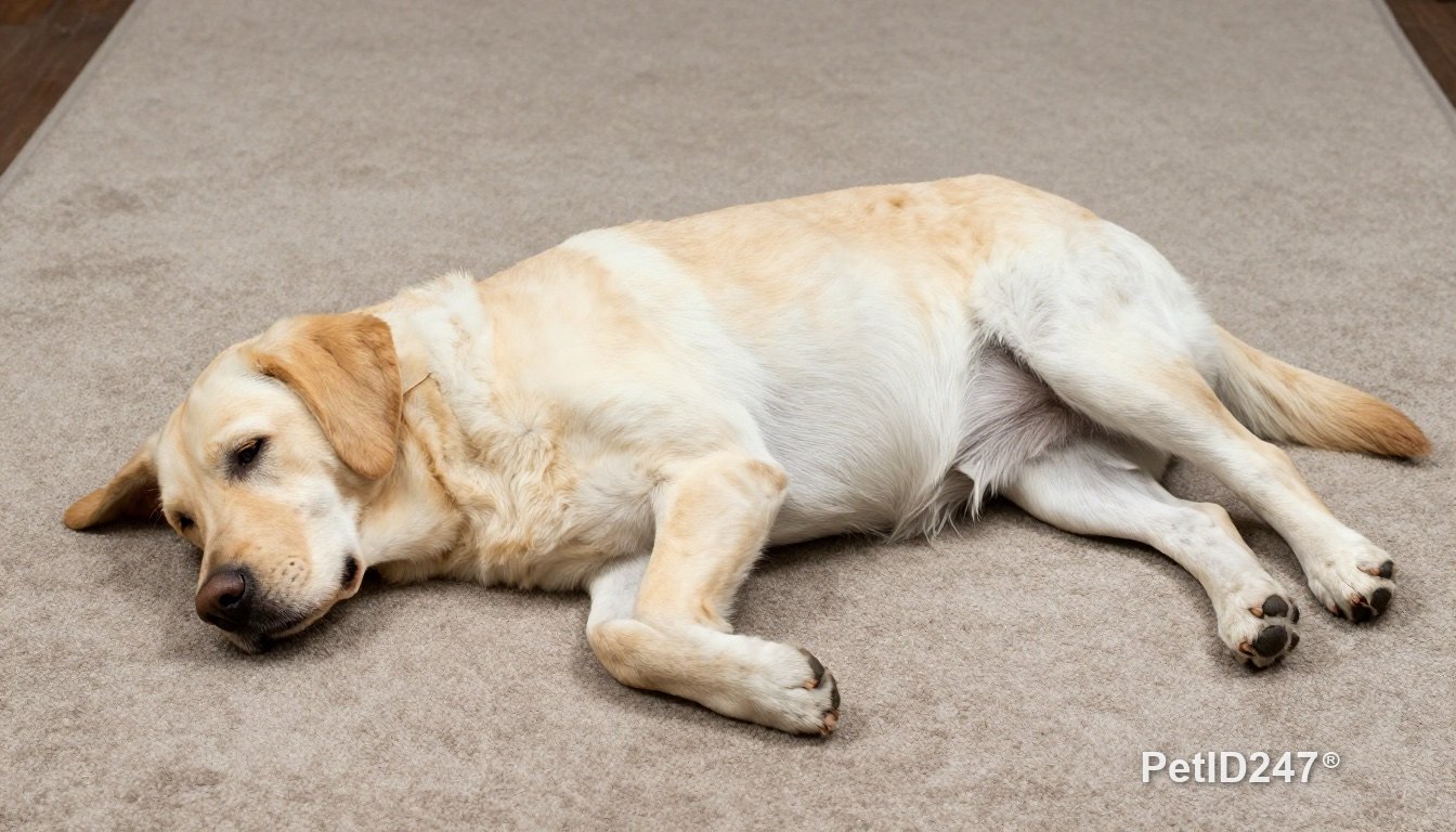 Chó labrador nằm nghiêng nghỉ trên thảm