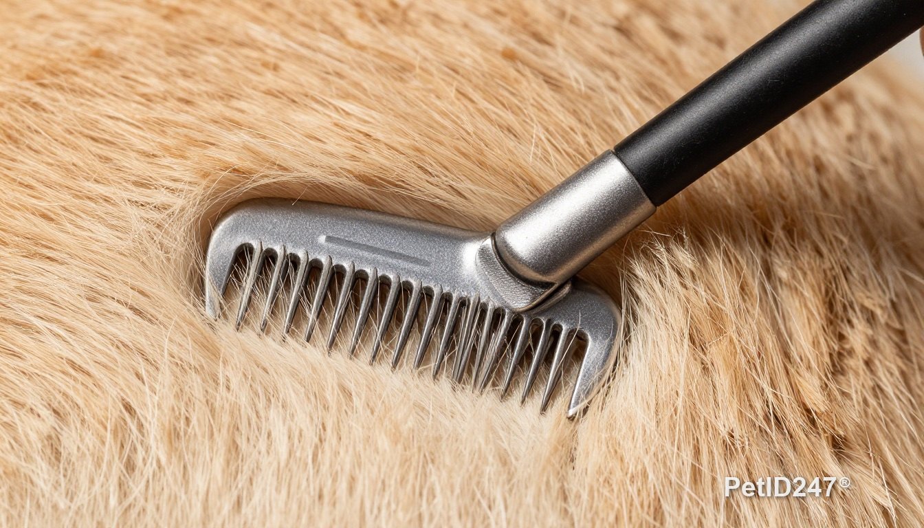 Combing a dog's coat to check for ticks and fleas